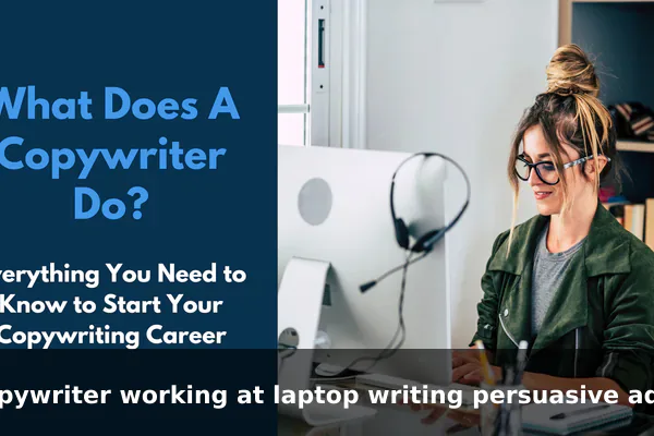 copywriter working at laptop writing persuasive ad copy